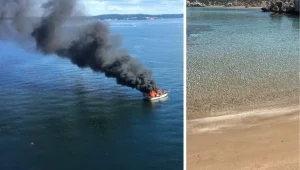 Dipkarpaz’daki yanan yatın enkazı kaldırıldı, sahil temizlendi