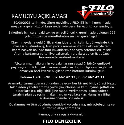 FİLO Denizcilik’ten açıklama: Kriz masası oluşturuldu